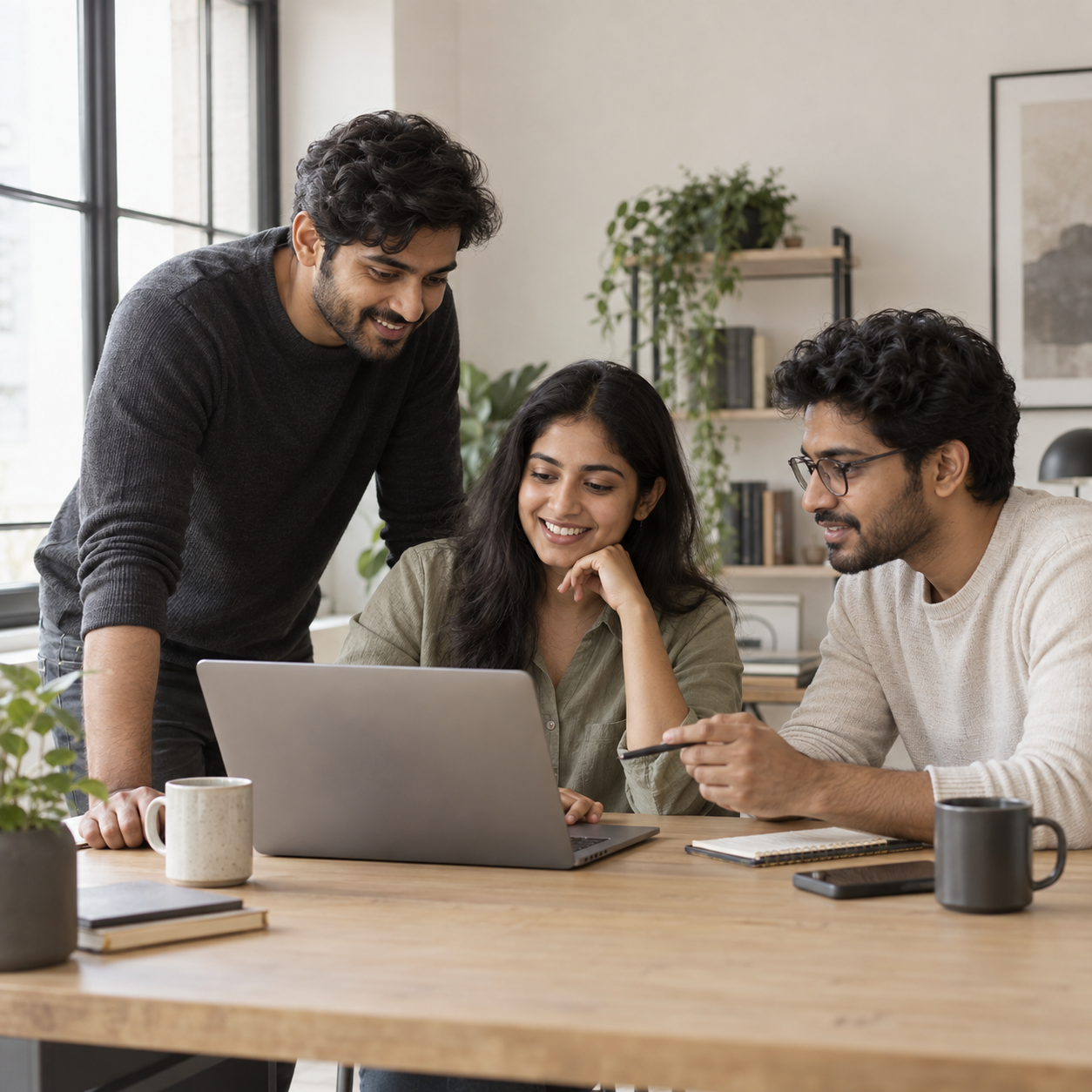 Designers and developers collaborating around a laptop in a bright studio