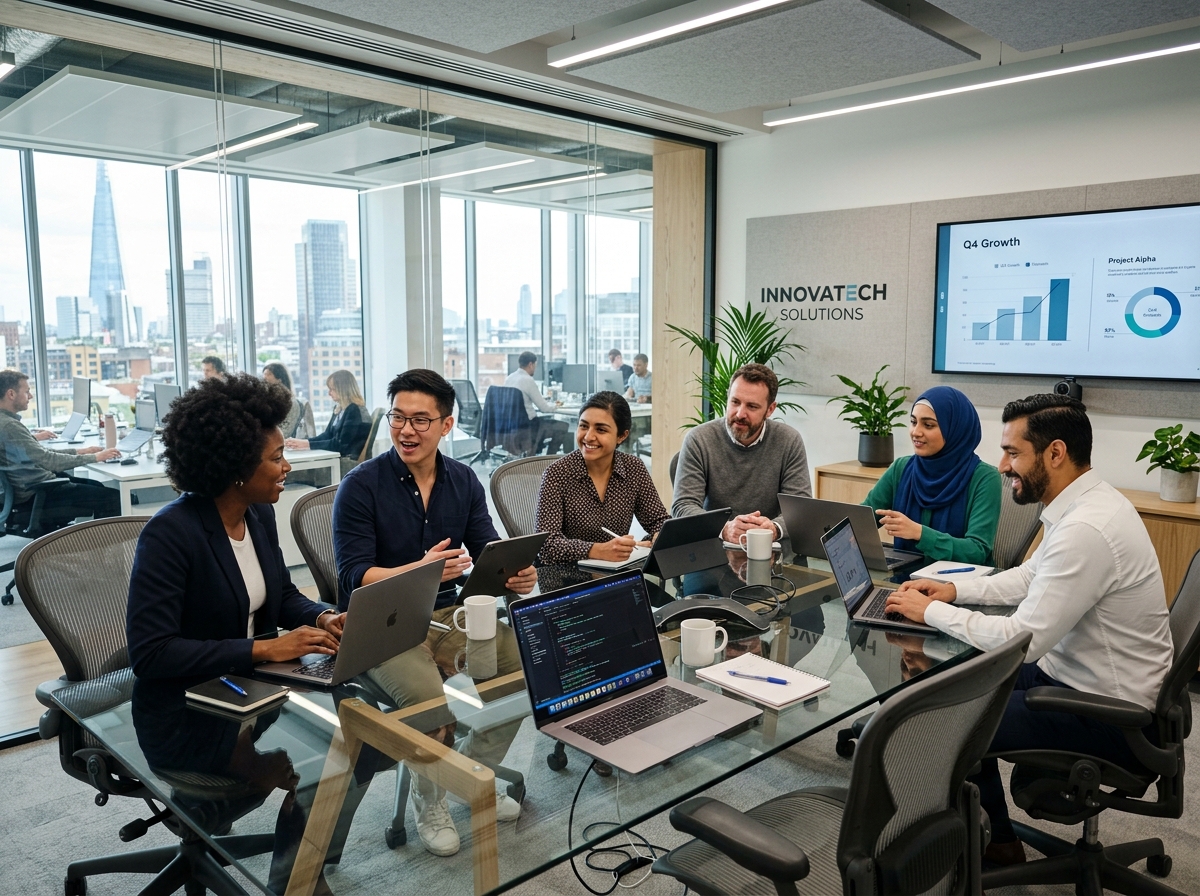 DeCode InfoTech team collaborating in a modern office